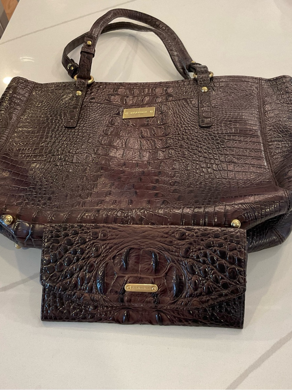 Brahmin Dark Brown Croc-Embossed Tote with Matching Wallet